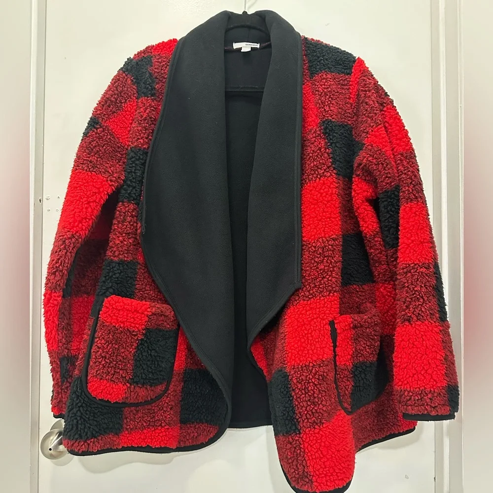 Sonoma Sherpa Plaid Open Front Fleece Jacket Sz XL - Picture 2 of 6